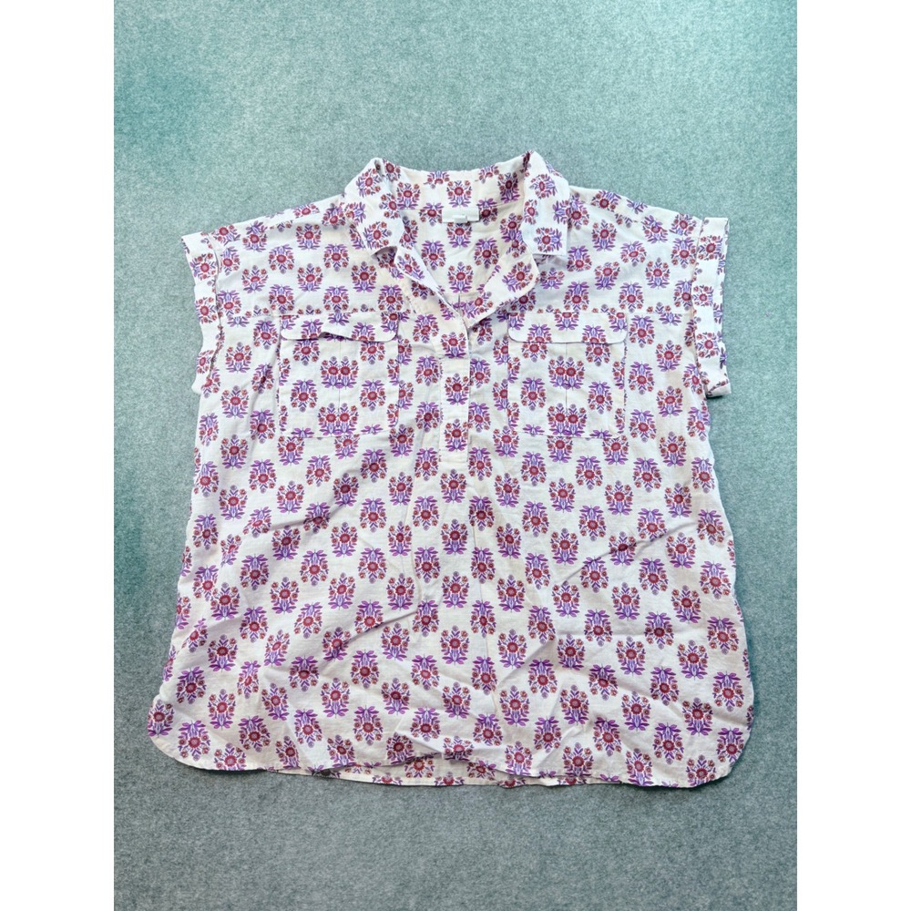 J. Jill Womens Large Cotton Gauze Floral Block Print Button Up Blouse Top Purple